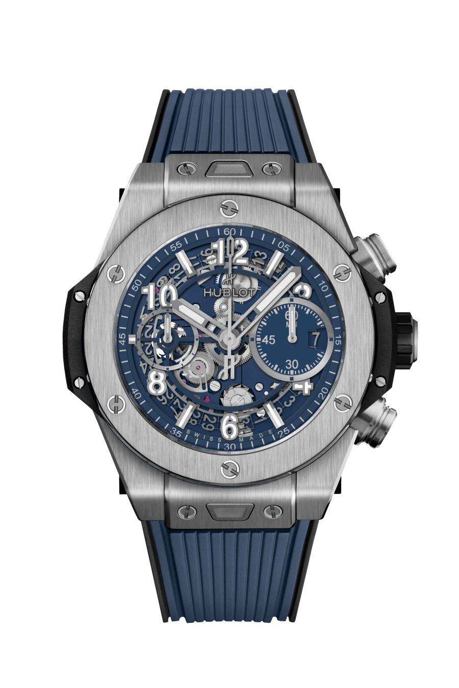 Hublot Big Bang Unico Titanium Blue 42 MM - Black and Blue Structured Rubber Strap - Matte Blue Skeleton Dial - 441.NX.5171.RX