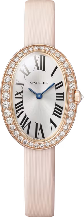 Cartier Baignoire Rose Gold 31.6 MM - Light Pink Brushed Calfskin Strap - Diamond Bezel - Silvered Dial - WJBA0027