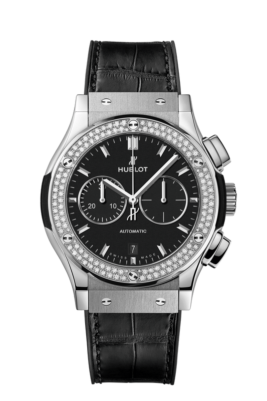 Hublot Classic Fusion Chronograph Titanium Diamonds 42 MM - Black Rubber and Alligator Strap - Diamond Bezel - Matte Black Dial - 541.NX.1171.LR.1104