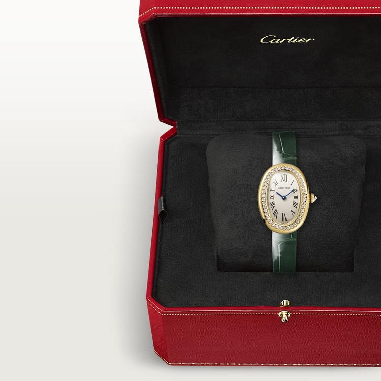 Cartier Baignoire Yellow Gold 31.4 MM - Varnished Green Leather Strap - Diamond Bezel - Silvered Dial - WJBA0038