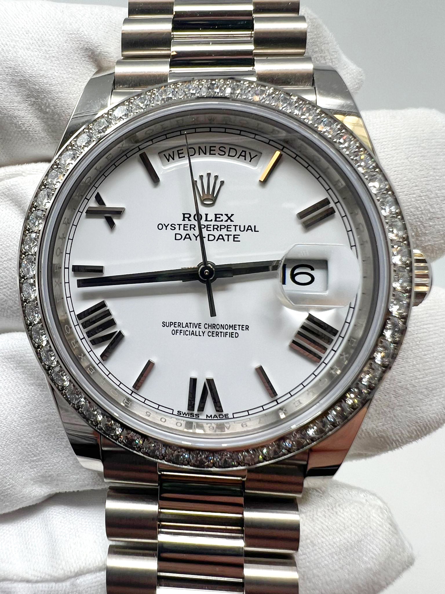 Rolex Presidential White Gold Day-Date 40MM - President Bracelet - Diamond Bezel - White Bevelled Roman Dial - 228349RBR wrp