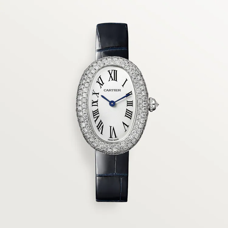 Cartier Baignoire White Gold 32 MM - Blue Alligator Leather Strap - Diamond Bezel - Silver Dial - WJBA0015