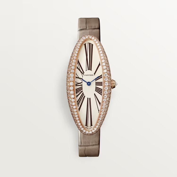 Cartier Baignoire Allongée Rose gold 47 MM - Taupe Alligator Strap - Diamond Bezel - Silver Dial - WJBA0006