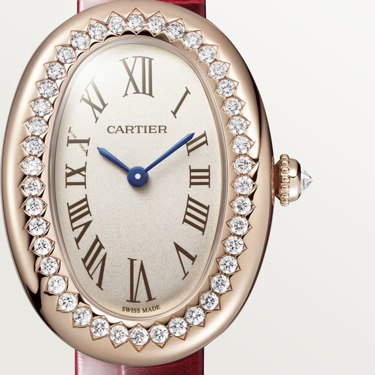 Cartier Baignoire de Cartier Rose gold 31.4 MM - Red Alligator Strap - Diamond Bezel - Silvered Dial - WJBA0031