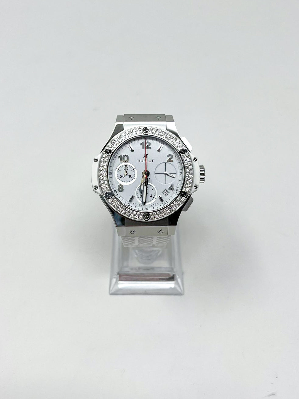 Hublot Big Bang Steel White Diamonds 41 MM - White Rubber Strap  - Diamond Bezel - White Dial - 342.SE.230.RW.114