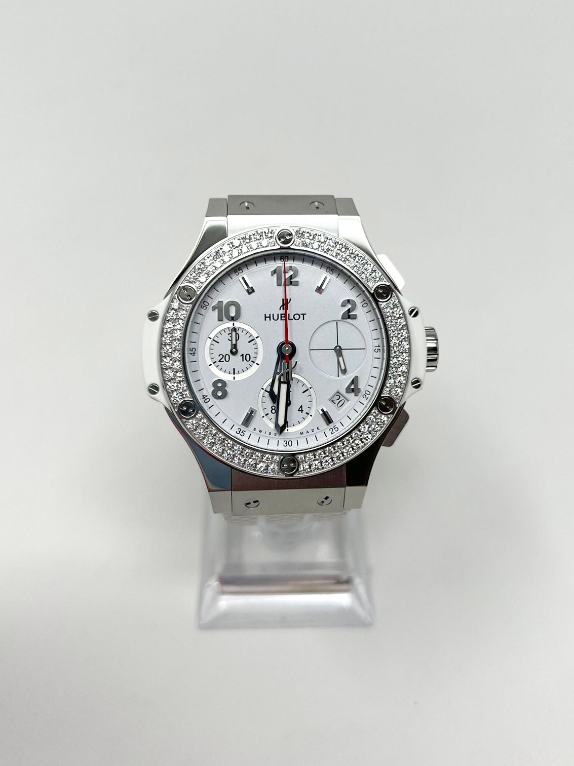 Hublot Big Bang Steel White Diamonds 41 MM - White Rubber Strap  - Diamond Bezel - White Dial - 342.SE.230.RW.114