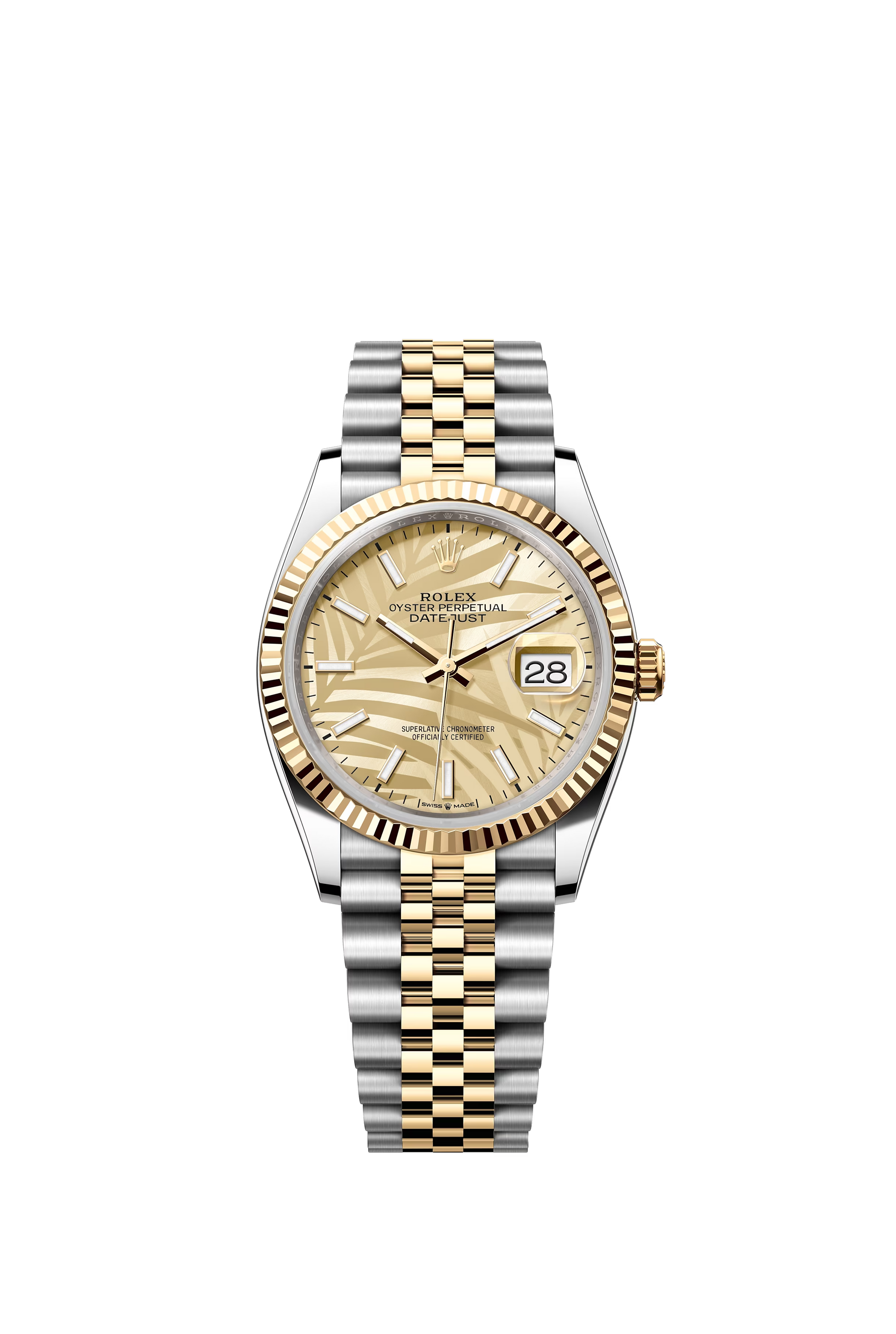 Rolex Stainless Steel And Yellow Gold Datejust - 36 MM - Jubilee Bracelet - Fluted Bezel - Golden Palm Motif Index Dial - 126233-0037