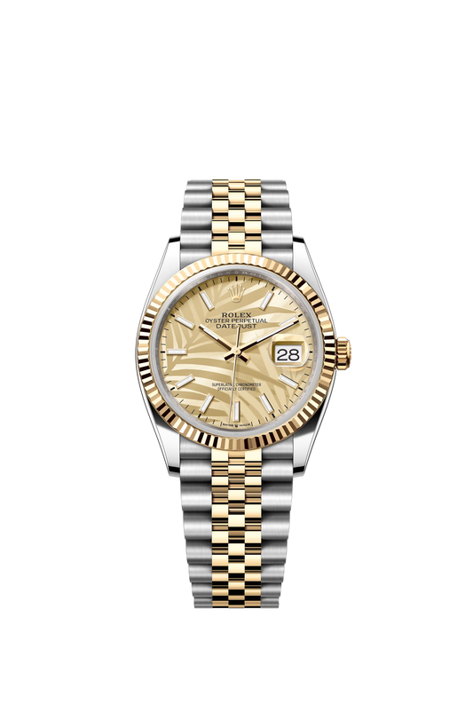 Rolex Stainless Steel And Yellow Gold Datejust - 36 MM - Jubilee Bracelet - Fluted Bezel - Golden Palm Motif Index Dial - 126233-0037