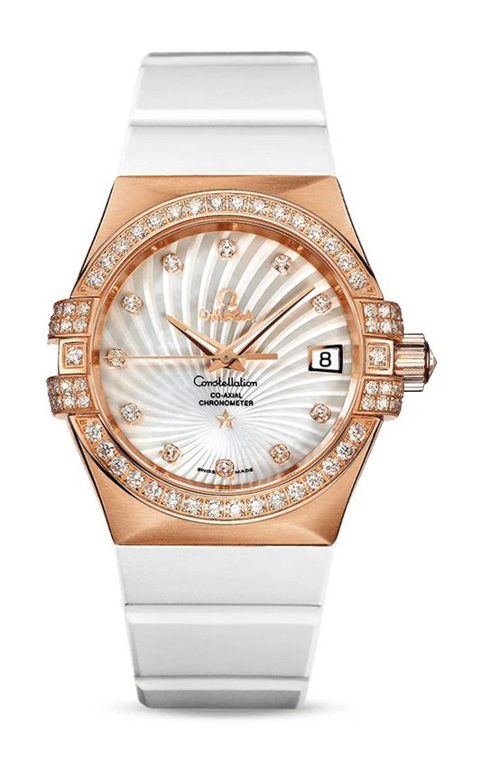 Omega Constellation Rose Gold 35 MM - White Rubber Strap - Diamond Bezel - White Mother-Of-Pearl Diamond Dial - 123.57.35.20.55.001