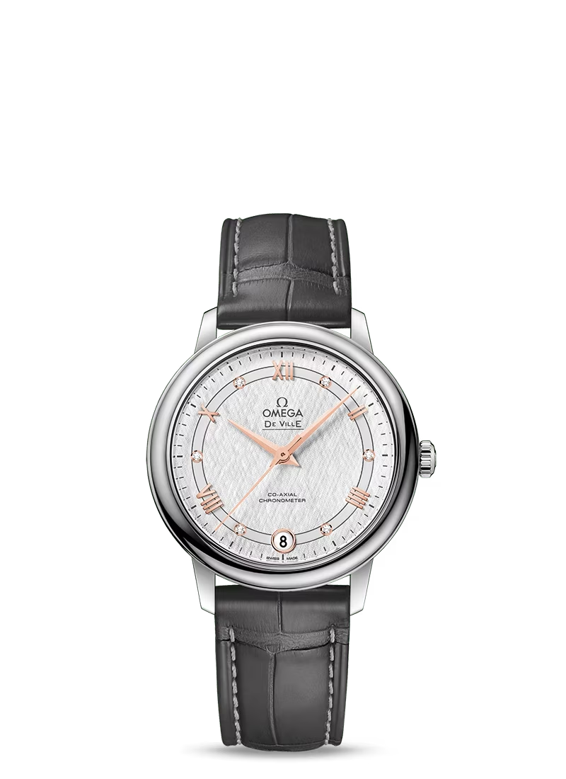 Omega De Ville Stainless Steel 32.7 MM - Grey Leather Strap - Silver Dial - 424.13.33.20.52.001