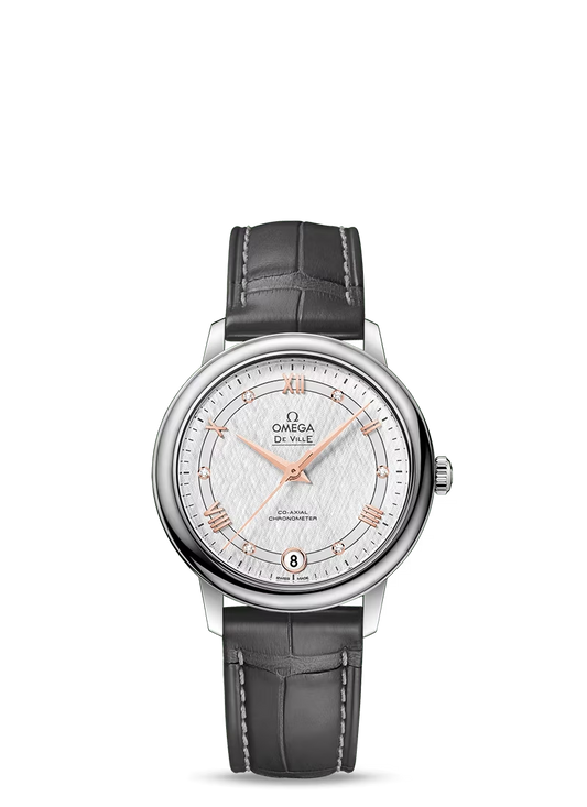Omega De Ville Stainless Steel 32.7 MM - Grey Leather Strap - Silver Dial - 424.13.33.20.52.001