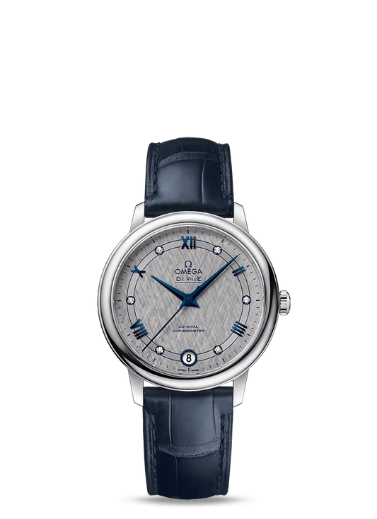 Omega De Ville Stainless Steel 32.7 MM - Blue Leather Strap - Grey Dial - 424.13.33.20.56.002