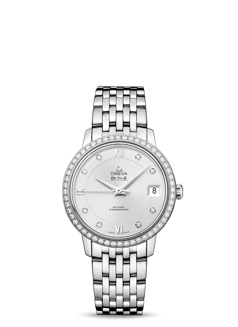 Omega De Ville Stainless Steel 32.7 MM - Stainless Steel Bracelet - Diamond Bezel - Silver Diamond Dial - 424.15.33.20.52.001
