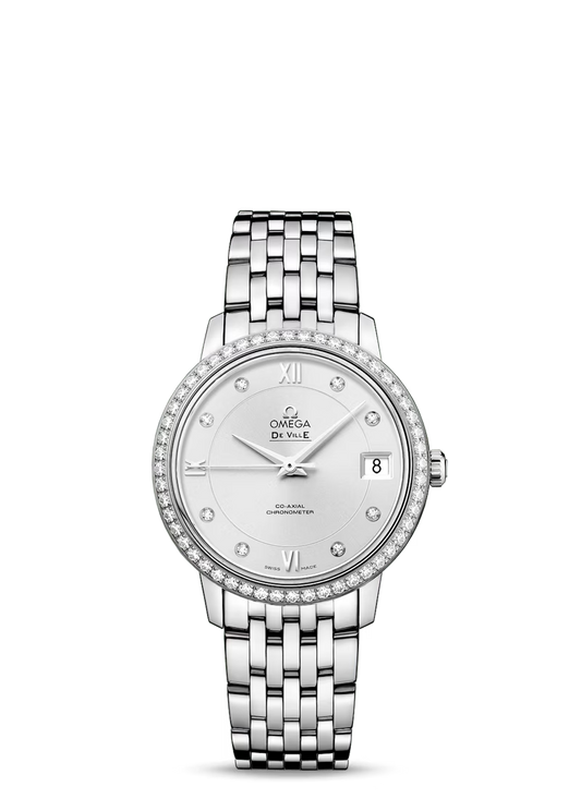 Omega De Ville Stainless Steel 32.7 MM - Stainless Steel Bracelet - Diamond Bezel - Silver Diamond Dial - 424.15.33.20.52.001