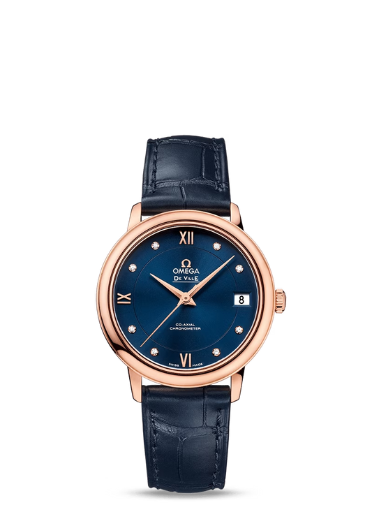 Omega De Ville Rose Gold 32.7 MM - Blue Leather Strap - Blue Diamond Dial - 424.53.33.20.53.001
