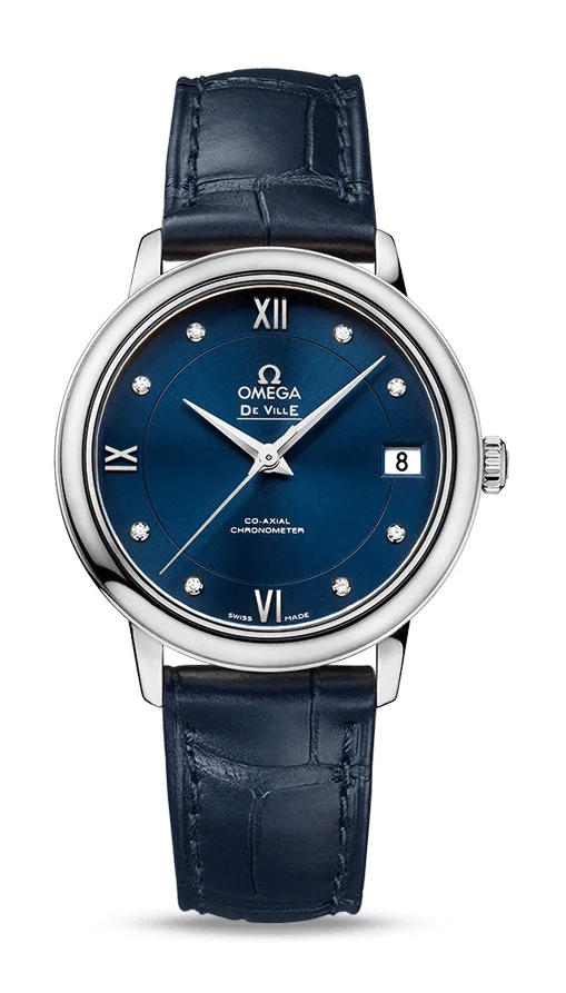 Omega De Ville Stainless Steel 32.7 MM - Blue Leather Strap - Blue Diamond Dial - 424.13.33.20.53.001