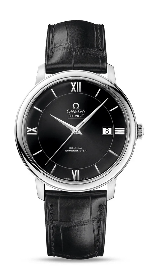 Omega De Ville Stainless Steel 39.5 MM - Black Leather Strap - Black Dial - 424.13.40.20.01.001