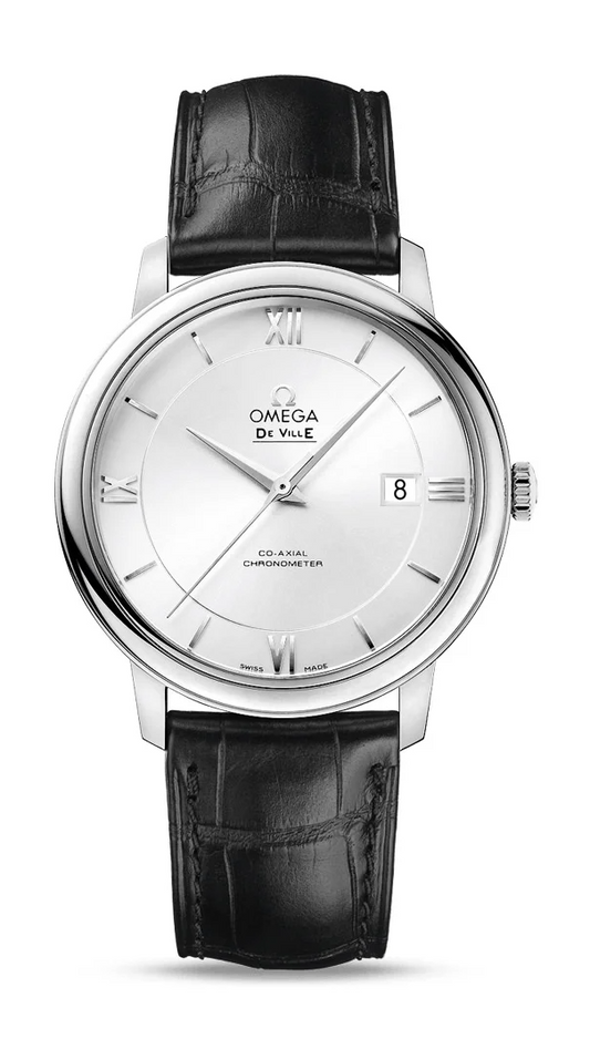 Omega De Ville Stainless Steel 39.5 MM - Black Leather Strap - Silver Dial - 424.13.40.20.02.001