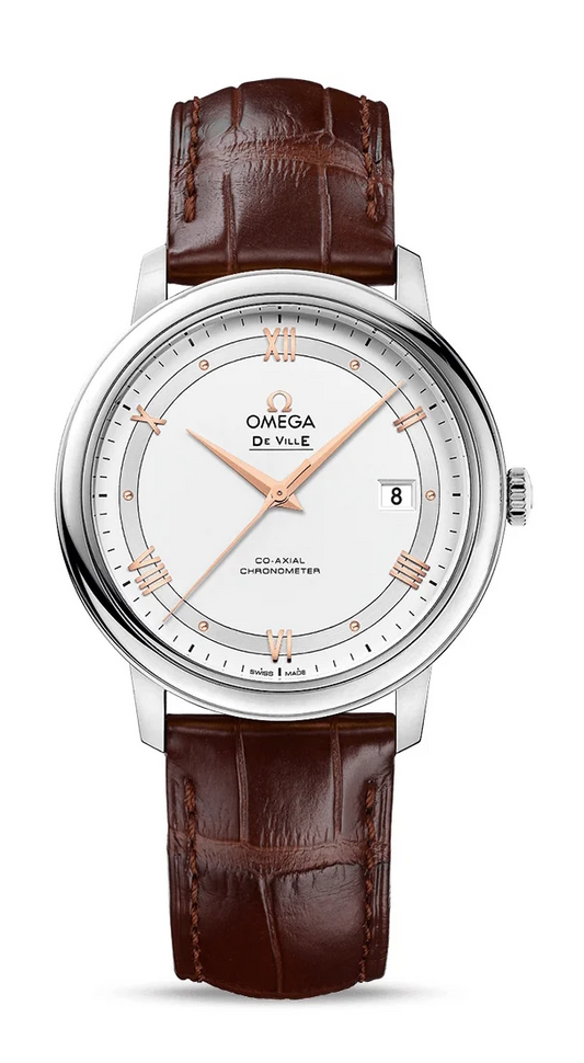 Omega De Ville Stainless Steel 39.5 MM - Brown Leather Strap - Silver Dial - 424.13.40.20.02.002