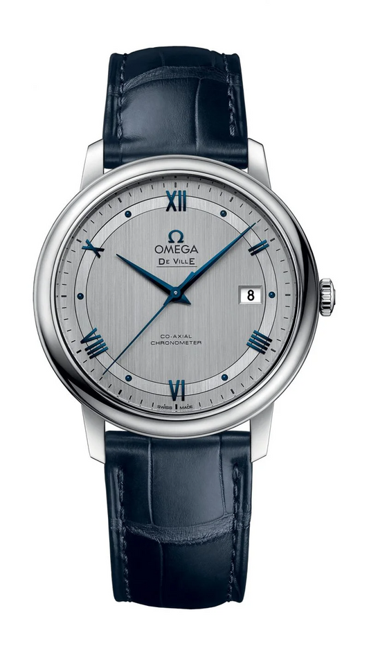 Omega De Ville Stainless Steel 39.5 MM - Blue Leather Strap - Silver Dial - 424.13.40.20.02.003