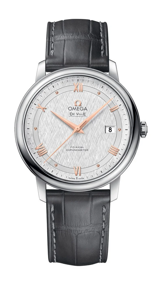 Omega De Ville Stainless Steel 39.5 MM - Grey Leather Strap - Silver Dial - 424.13.40.20.02.005