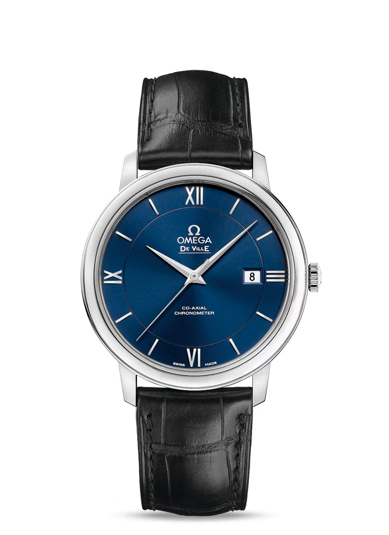 Omega De Ville Stainless Steel 39.5 MM - Black Leather Strap - Blue Dial - 424.13.40.20.03.001