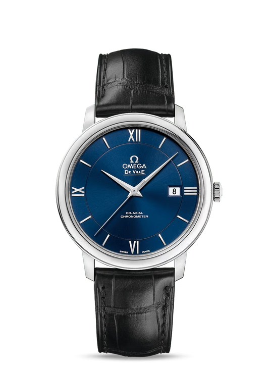 Omega De Ville Stainless Steel 39.5 MM - Black Leather Strap - Blue Dial - 424.13.40.20.03.001