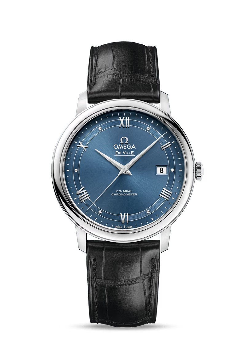 Omega De Ville Stainless Steel 39.5 MM - Black Leather Strap- Blue Dial - 424.13.40.20.03.002