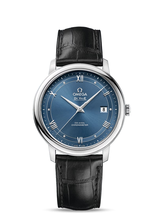 Omega De Ville Stainless Steel 39.5 MM - Black Leather Strap- Blue Dial - 424.13.40.20.03.002