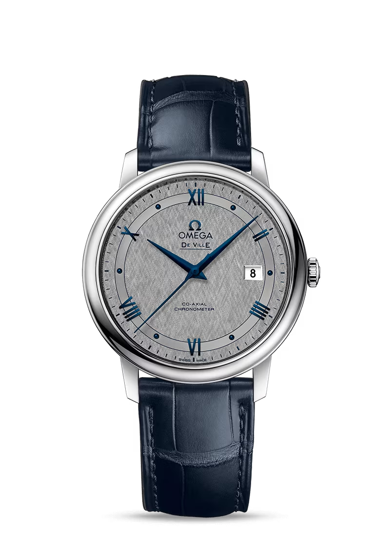 Omega De Ville Stainless Steel 39.5 MM - Blue Leather Strap - Grey Dial - 424.13.40.20.06.002