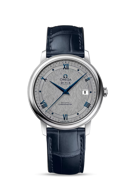 Omega De Ville Stainless Steel 39.5 MM - Blue Leather Strap - Grey Dial - 424.13.40.20.06.002