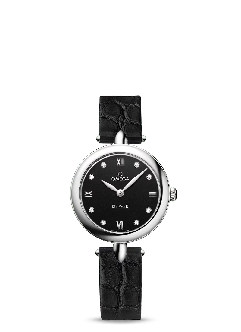 Omega De Ville Stainless Steel 27.4 MM - Black Leather Strap - Black Diamond Dial - 424.13.27.60.51.001