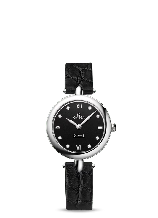 Omega De Ville Stainless Steel 27.4 MM - Black Leather Strap - Black Diamond Dial - 424.13.27.60.51.001