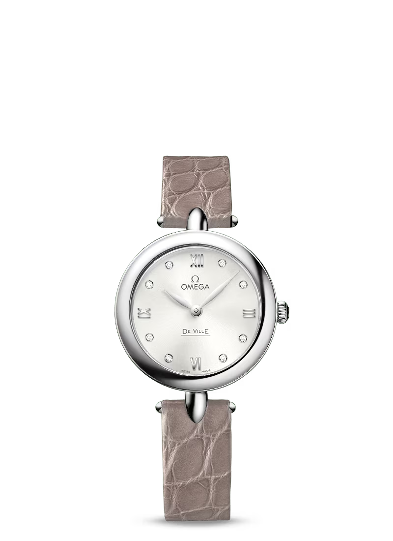 Omega De Ville Stainless Steel 27.4 MM - Beige Leather Strap - Silver Diamond Dial - 424.13.27.60.52.001