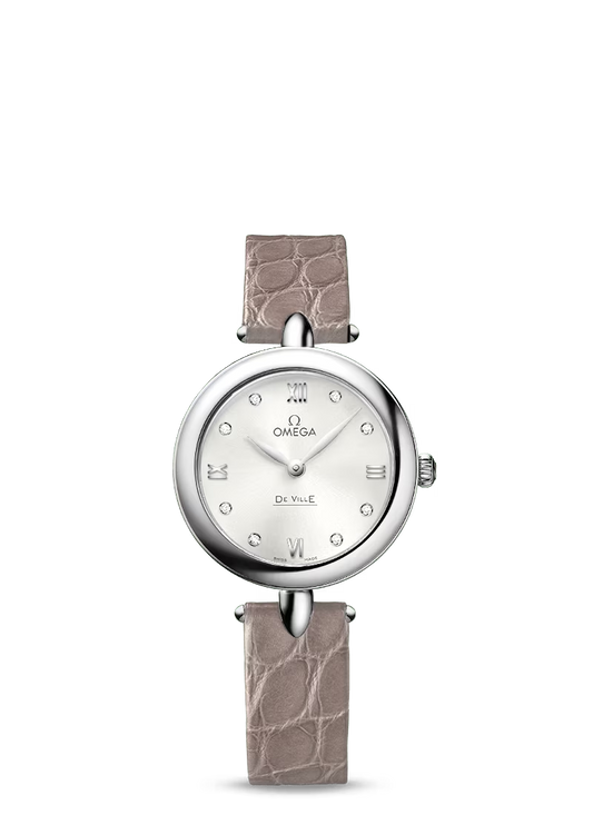 Omega De Ville Stainless Steel 27.4 MM - Beige Leather Strap - Silver Diamond Dial - 424.13.27.60.52.001