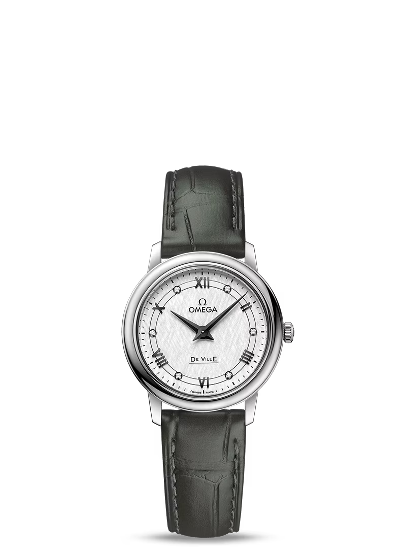 Omega De Ville Stainless Steel 27.4 MM - Green Leather Strap - Silver Dial - 424.13.27.60.52.002