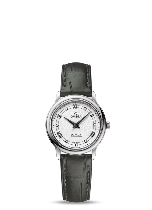 Omega De Ville Stainless Steel 27.4 MM - Green Leather Strap - Silver Dial - 424.13.27.60.52.002
