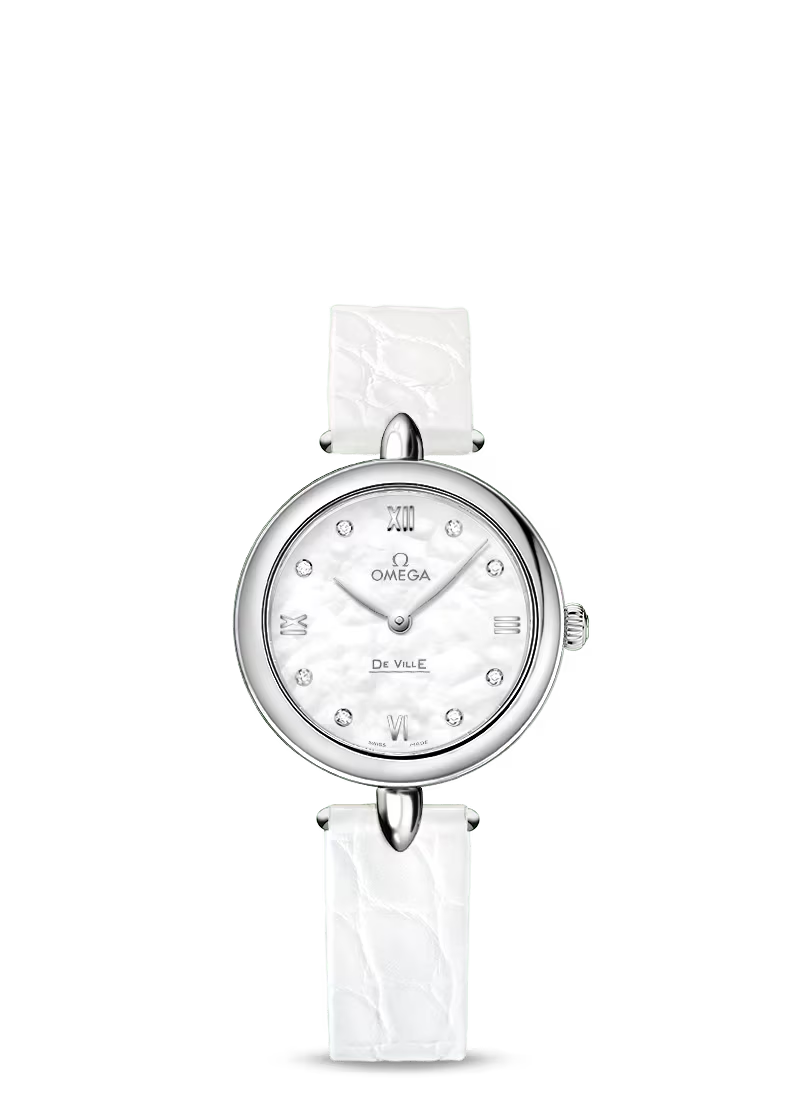 Omega De Ville Stainless Steel 27.4 MM - White Leather Strap - White Diamond Dial - 424.13.27.60.55.001