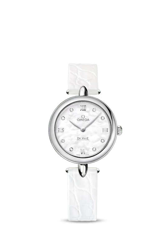 Omega De Ville Stainless Steel 27.4 MM - White Leather Strap - White Diamond Dial - 424.13.27.60.55.001