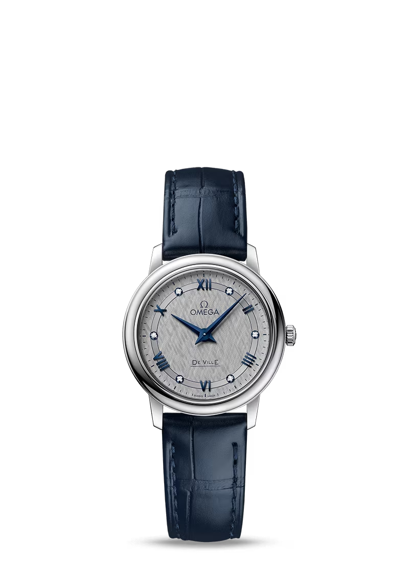 Omega De Ville Stainless Steel 27.4 MM - Blue Leather Strap - Grey Dial - 424.13.27.60.56.001