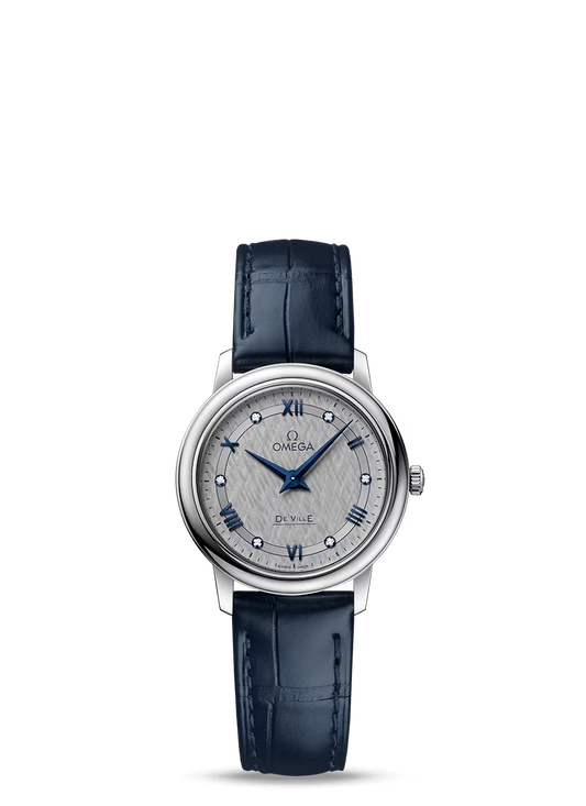 Omega De Ville Stainless Steel 27.4 MM - Blue Leather Strap - Grey Dial - 424.13.27.60.56.001