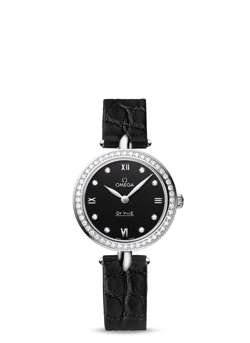 Omega De Ville Stainless Steel 27.4 MM - Black Leather Strap - Diamond Bezel - Black Diamond Dial - 424.18.27.60.51.001