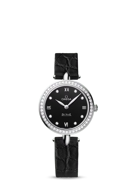 Omega De Ville Stainless Steel 27.4 MM - Black Leather Strap - Diamond Bezel - Black Diamond Dial - 424.18.27.60.51.001