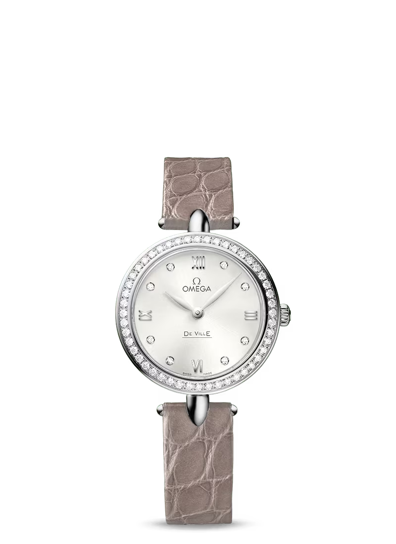 Omega De Ville Stainless Steel 27.4 MM - Beige Leather Strap - Diamond Bezel - Silver Diamond Dial - 424.18.27.60.52.001