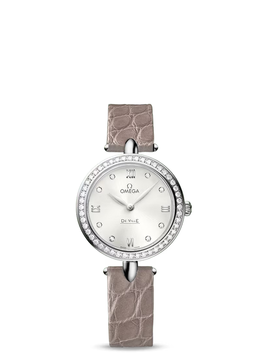 Omega De Ville Stainless Steel 27.4 MM - Beige Leather Strap - Diamond Bezel - Silver Diamond Dial - 424.18.27.60.52.001