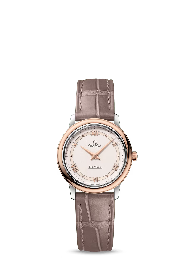 Omega De Ville Stainless Steel and Rose Gold 27.4 MM - Brown Leather Strap - Silver Dial - 424.23.27.60.52.001