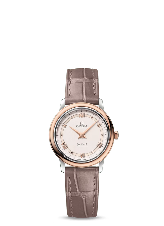 Omega De Ville Stainless Steel and Rose Gold 27.4 MM - Brown Leather Strap - Silver Dial - 424.23.27.60.52.001