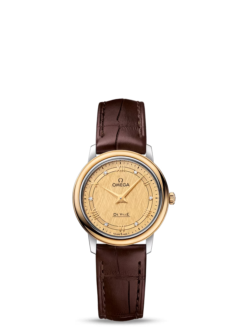 Omega De Ville Stainless Steel and Yellow Gold 27.4 MM - Brown Leather Strap - Champagne Dial - 424.23.27.60.58.001