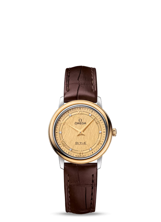 Omega De Ville Stainless Steel and Yellow Gold 27.4 MM - Brown Leather Strap - Champagne Dial - 424.23.27.60.58.001