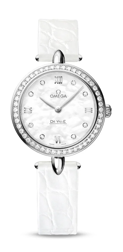 Omega De Ville Stainless Steel 27.4 MM - White Leather Strap - Diamond Bezel - White Mother -Of- Pearl Diamond Dial - 424.18.27.60.55.001